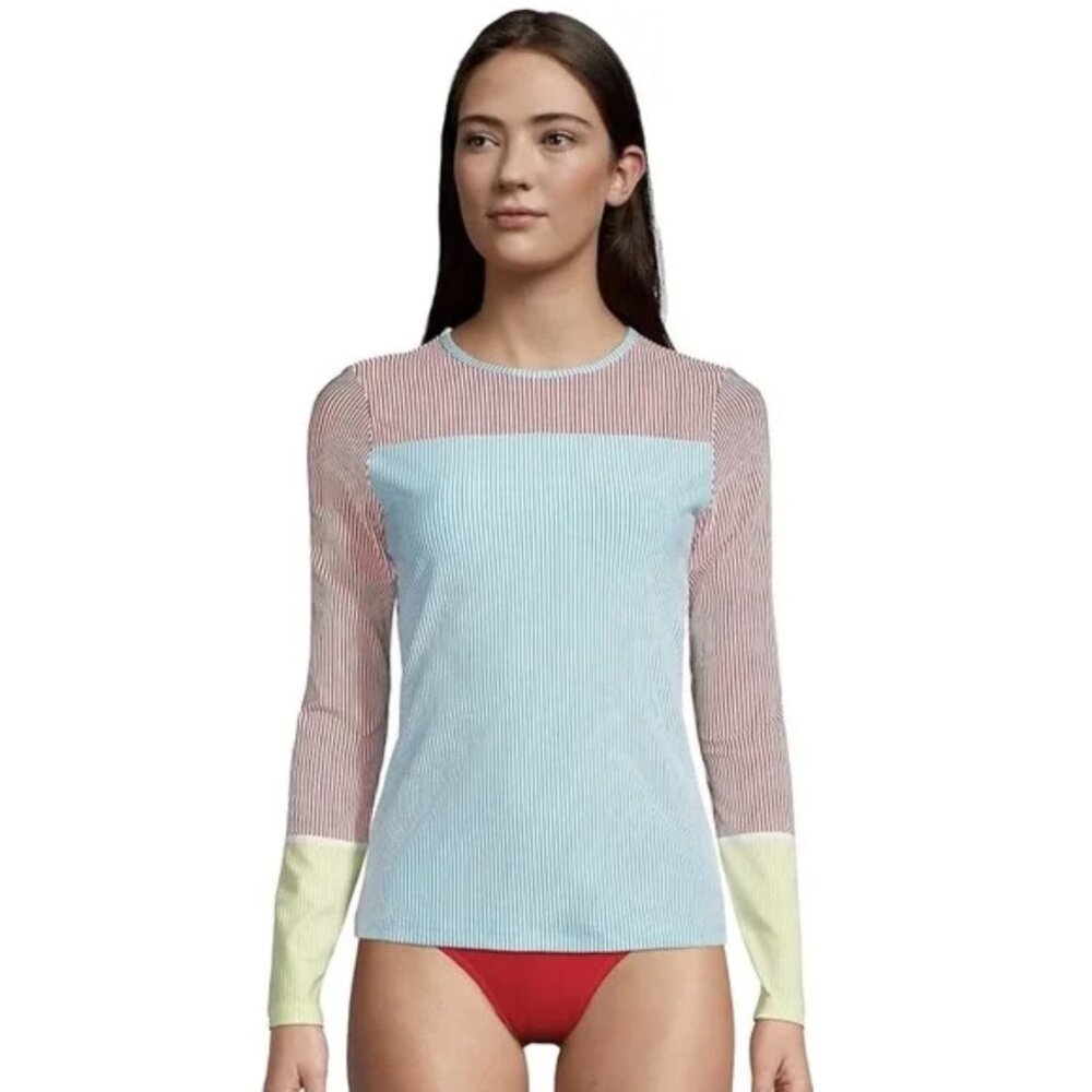 New Lands' End Multicolor Seersucker Rash Guard and High Waist Swim Bottoms XS 8
